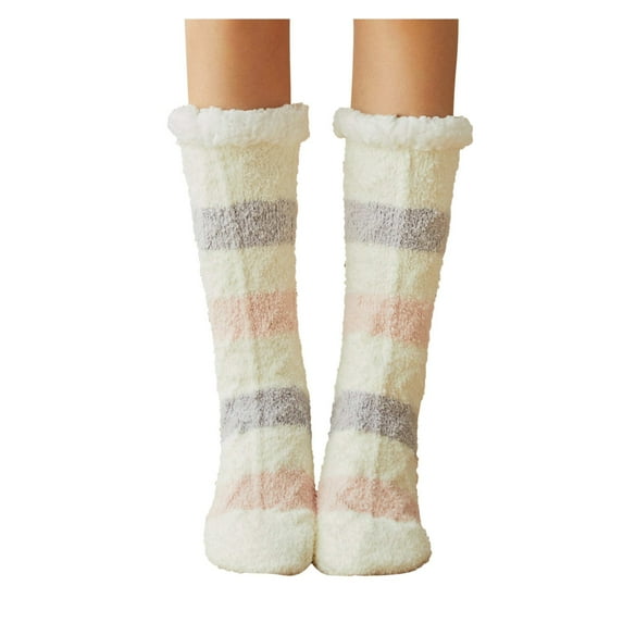 Penkiiy Middle Socks for Men Women's Winter Stripe Super Soft Warm Cozy Fuzzy Fleece-lined Sock Purple Socks