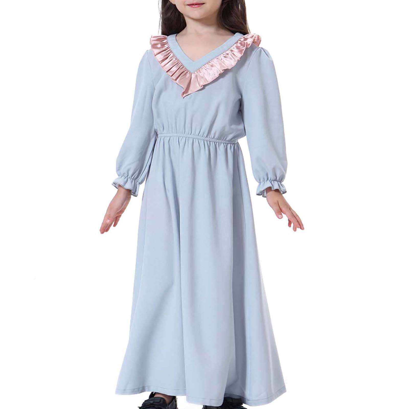 Penkiiy Muslim Long Dress Medium Big Girls Long Sleeve V Neck Colorblock Dress Easter Dresses for Toddler Girls 12 13 Years Gray On Sale