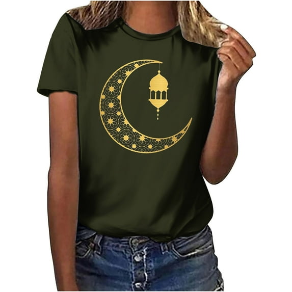 Penkiiy Muslim Ramadan T-Shirt for Women Women's Cute Graphic T-Shirts Crewneck Short Sleeve Moon PrintCasual Tee Tops 2XL Army Green
