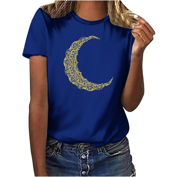 Penkiiy Muslim Ramadan T-Shirt for Women Women's Cute Graphic T-Shirts Crewneck Short Sleeve Moon PrintCasual Tee Tops 3XL Blue