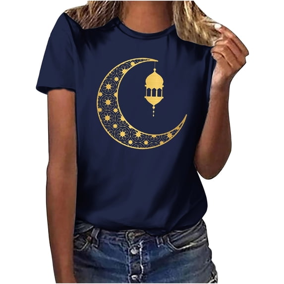 Penkiiy Muslim Ramadan T-Shirt for Women Women's Cute Graphic T-Shirts Crewneck Short Sleeve Moon PrintCasual Tee Tops M Navy