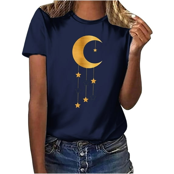 Penkiiy Muslim Ramadan T Shirts for Women Moon Shirt Mystical Graphic Tee Top L Navy