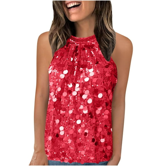 Penkiiy New Arrival Women's Casual Sequin Tank Top - Trendy Round Neck Pullover, Versatile Everyday & Partywear Essential M Red