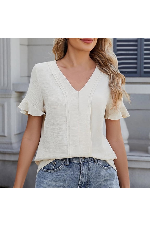 New Arrival: Women's Ruffle Hem & Flutter Sleeve Casual T-Shirt - Trendy Summer Top, Pure Color Essential Wardrobe Staple 2XL Khaki