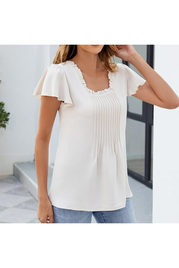 New Arrival: Women's Ruffle Hem & Flutter Sleeve Casual T-Shirt - Trendy Summer Top, Pure Color Essential Wardrobe Staple 2XL White