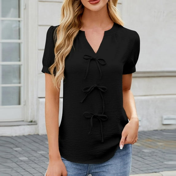 Penkiiy New Arrival Women's V-Neck Tie-Front Top - Must-Have Wardrobe Essential for Summer | Premium Comfort Short Sleeve Shirt L Black