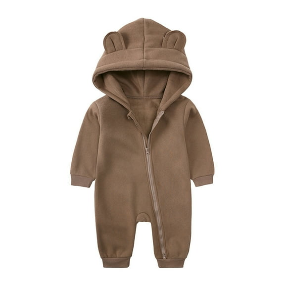 Penkiiy Newborn Baby Fleece Footie Snowsuit Winter Onesie Cartoon Bear Warm Hooded Outfits for Girls Boys 9 Months Coffee