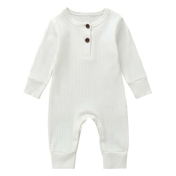 Penkiiy Newborn Baby Spring And Autumn Clothes Comfortable Solid Color Round-neck Rompers Baby Sleep and Play Pajamas 6-9 Months White on Clearance