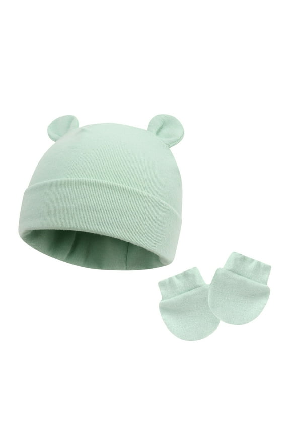 Newborn Hats Mittens Set Toddler Girls Boys Cotton Nursery Hospital Beanie No Scratch Gloves Unisex Baby Infant Caps Green