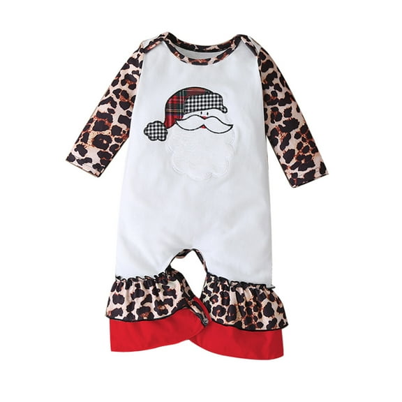 Penkiiy Newborn Infant Baby Christmas Cartoon Print Leopard Patchwork Romper Jumpsuit Cotton One-piece Romper 3-6 Months White on Clearance
