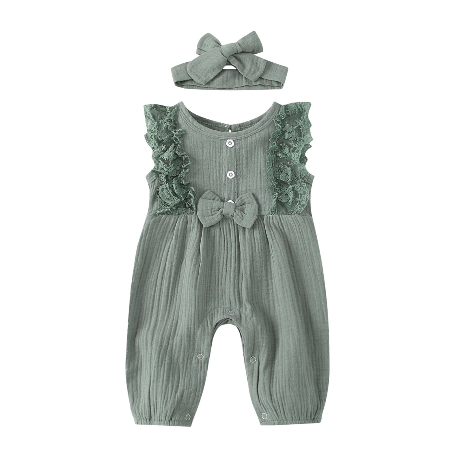 Penkiiy Newborn Infant Baby Girl Cotton Linen Romper Lace Bow One Piece Jumpsuit Clothes Baby