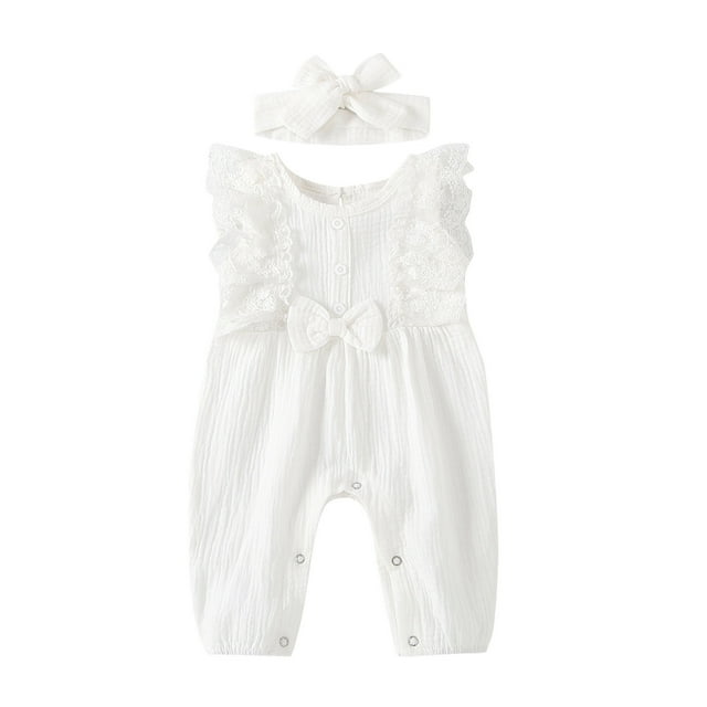Penkiiy Newborn Infant Baby Girl Cotton Linen Romper Lace Bow One Piece Jumpsuit Clothes Baby