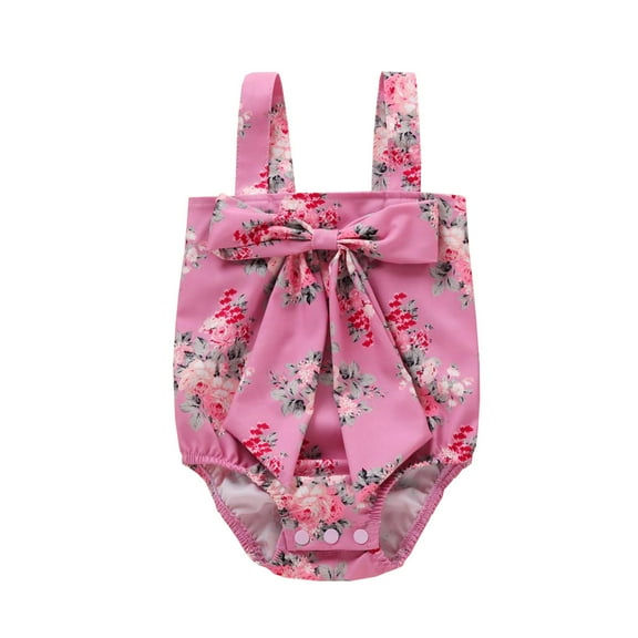 Penkiiy Newborn Infant Baby Girls Floral Print Bowknot Bodysuit Suspender Romper Newborn Baby 0-3 Months Hot Pink on Clearance