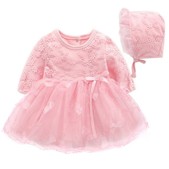 Penkiiy Newborn Toddler Baby Girl Clothes Outfits Cute Long Sleeve Embroidery Lace Mesh Princess Dress Hat Set Girls Dresses 6-12Months Pink On Sale