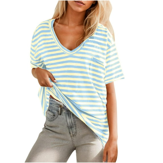 Penkiiy Oversized Striped T-Shirt for Women Casual Deep V Neck Short Sleeve Drop Shoulder Tee Shirt Summer Going Out Tops XL Green