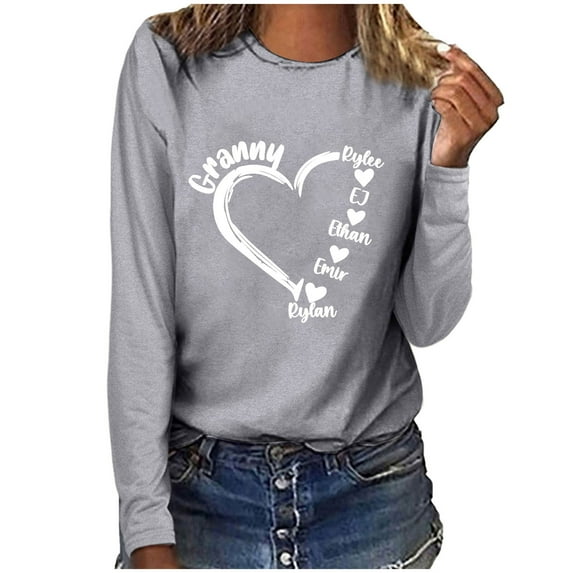 Penkiiy Personalized Heart Shirt Ladies Fashion Solid Color Valentine's Day Heart Print Long Sleeve Round-Neck Shirt Woman Casual Loose S Gray