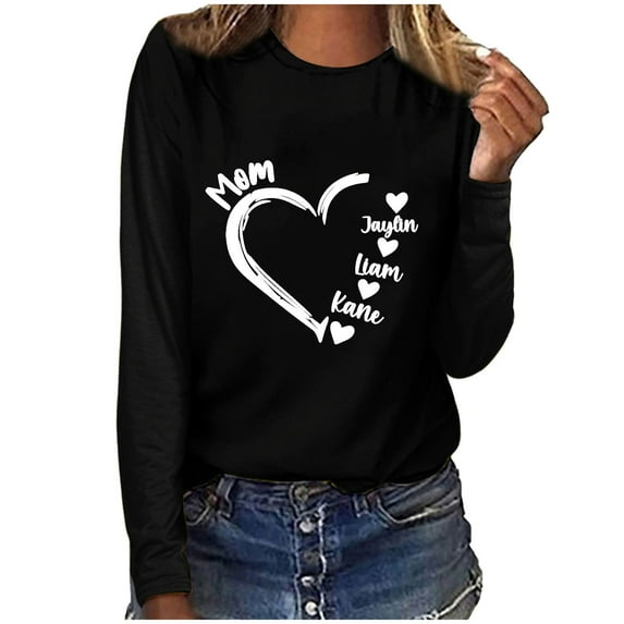 Penkiiy Personalized Heart Shirt Ladies Fashion Solid Color Valentine's Day Heart Print Long Sleeve Round-Neck Shirt Woman Casual Loose XS Black