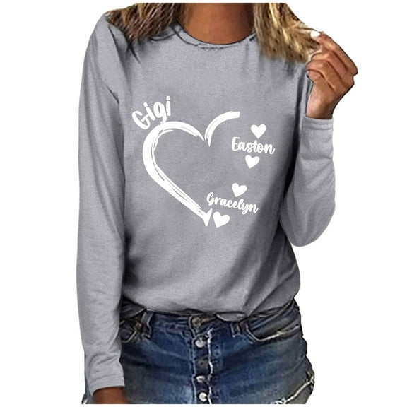 Penkiiy Personalized Heart Shirt Ladies Fashion Solid Color Valentine's Day Heart Print Long Sleeve Round-Neck Shirt Woman Casual Loose XS Gray