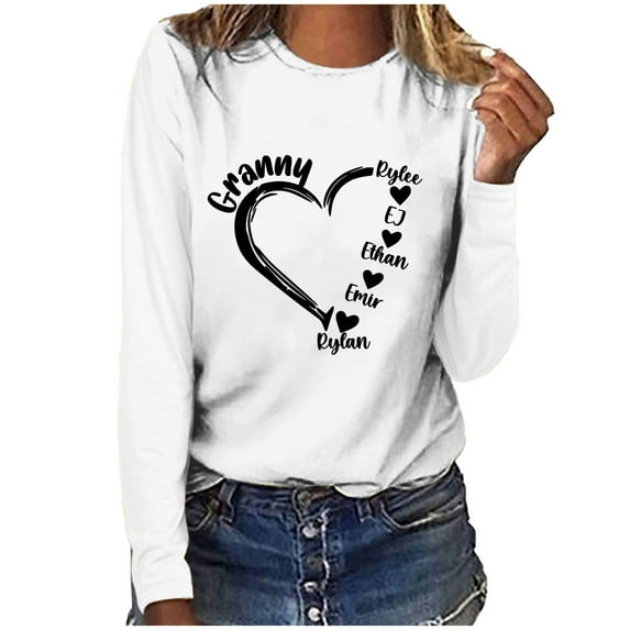 Penkiiy Personalized Heart Shirt Ladies Fashion Solid Color Valentine's Day Heart Print Long Sleeve Round-Neck Shirt Woman Casual Loose XS White