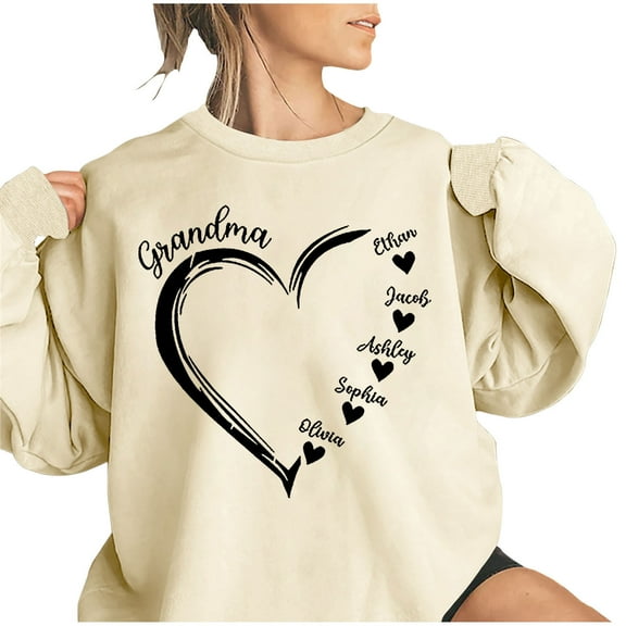 Penkiiy Personalized Nickname Mom Grandma Hearts with Kid Names Sweatshirt, Christmas Mom Grandma Shirt Gifts for Women Khaki