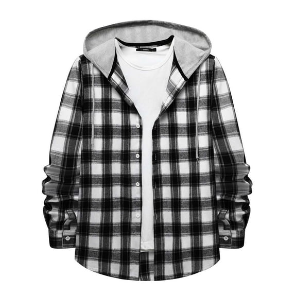Penkiiy Plaid Hoodies for Men Men's Autumn And Winter Fashion Long Sleeve Solid Color Shirt Top Plaid Hooded Shirt Gray y2k Hoodies