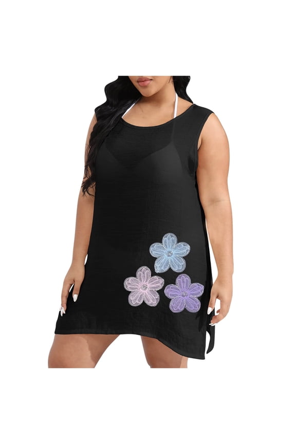 Plus Size Cover-Up: Boho Chic Lace Tunic with Embroidery & Sequins 2XL Black