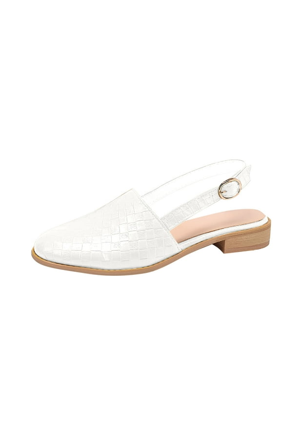 Pointed Toe Sandal for Women Weave Strap Buckle Baotou Closed Toe Low Heel Sandalias Solid Color Comfortable Casual Stacked Heel Shoes 39 White