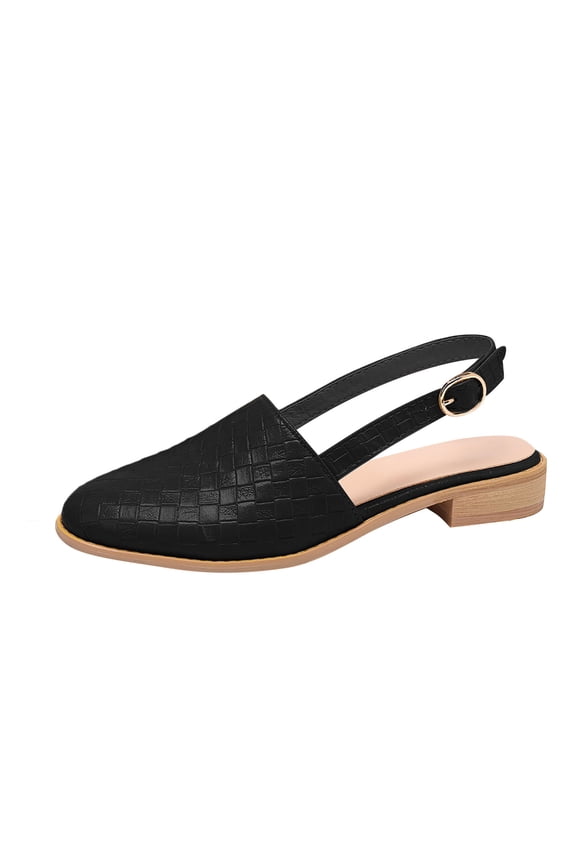 Pointed Toe Sandal for Women Weave Strap Buckle Baotou Closed Toe Low Heel Sandalias Solid Color Comfortable Casual Stacked Heel Shoes 42 Black
