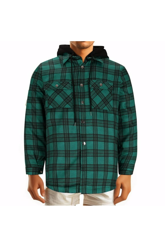 Quilted Lined Flannel Shirt Jacket for Men Hooded Button Down Pocket Long Sleeve Shirt Patchwork Flannel Shirt for Men 3XL Green