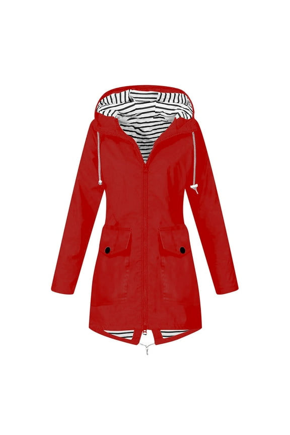 Rain Jacket Women With Hood Waterproof Lightweight Rain Trench Coat Packable Hiking Windbreaker Raincoat Outerwear L Red