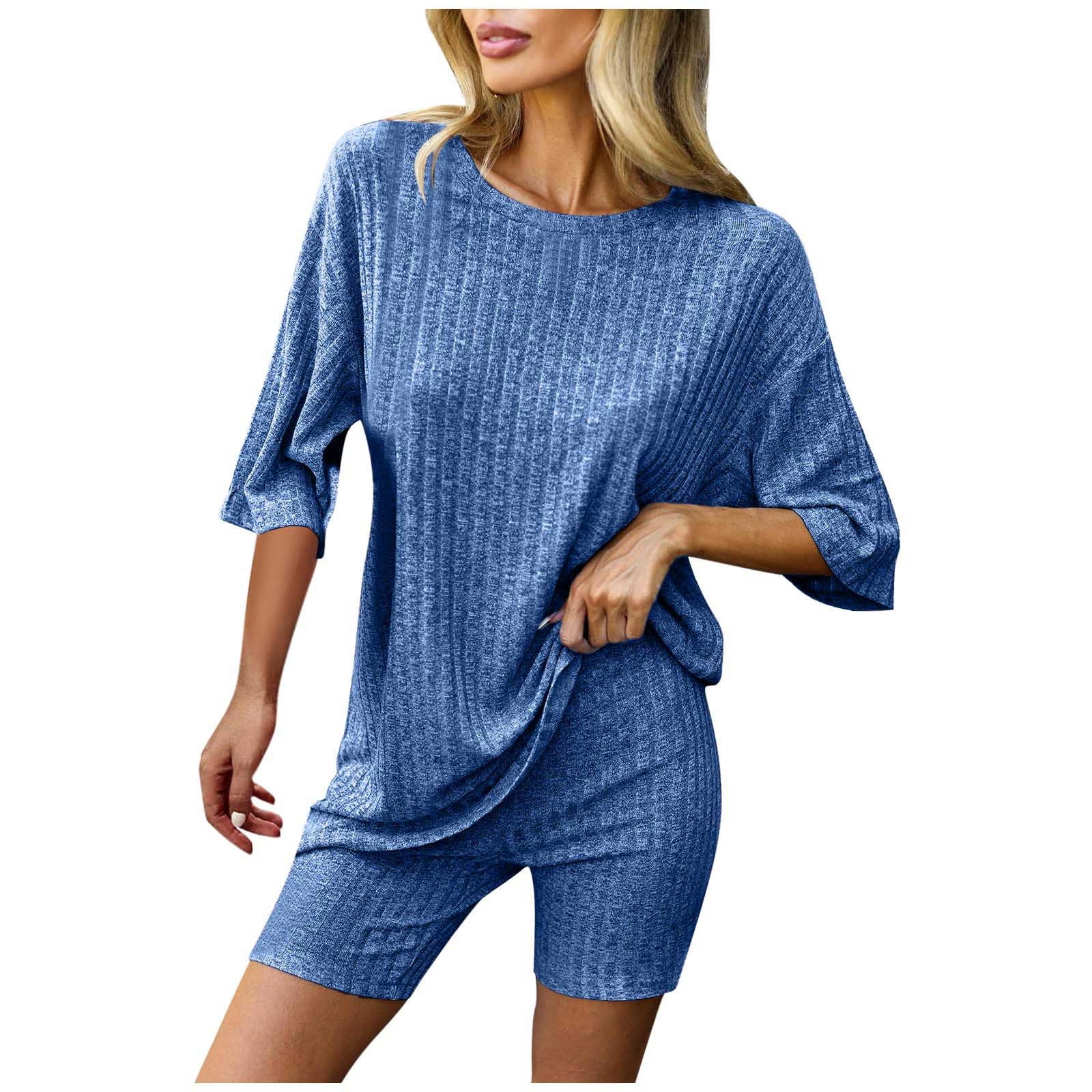 Penkiiy Ribbed Knit 2 Pieces Outfits for Women Pajamas Lounge Sets