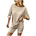 thumbnail image 1 of Penkiiy Ribbed Knit 2 Pieces Outfits for Women Pajamas Lounge Sets Oversized V Neck T-shirts Shorts Set with Side Slit L Khaki, 1 of 9