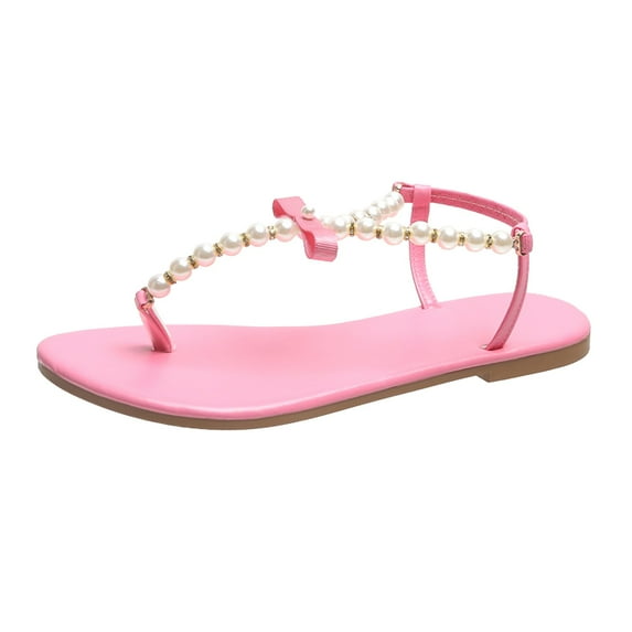 Penkiiy Sandals Women Dressy Summer Pearl Beaded Light Toe Ring Flat Sandals Crystal Casual Flip Flop Pineapple Style Women's Slipper 37 Pink