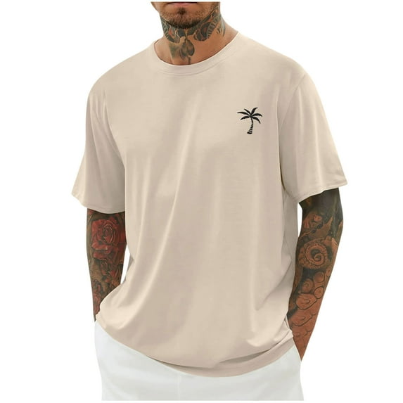 Penkiiy Short Sleeve Shirts for Men,Men's Coconuts Tree Print Tee Top Crew Neck Drop Shoulder T-Shirts Cozy Loose Fit Shirts S Khaki