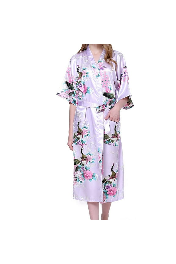 Simulated Silk Bathrobes for Women Women Bathrobes Peacock Kimono Long Dressing Gown Japanese Robe Dress Beige Nightgowns