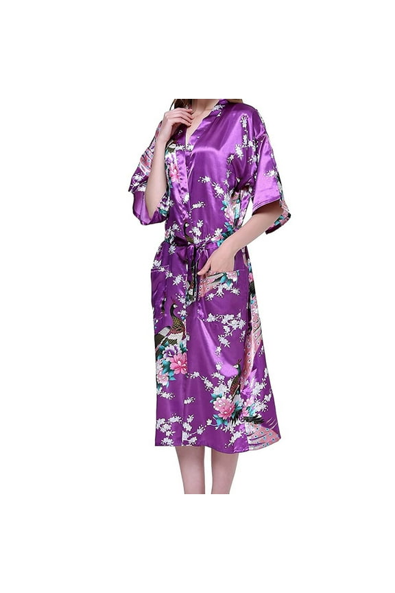Simulated Silk Bathrobes for Women Women Bathrobes Peacock Kimono Long Dressing Gown Japanese Robe Dress Purple Nightgowns