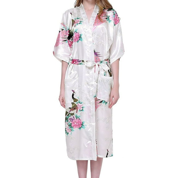 Penkiiy Simulated Silk Bathrobes for Women Women Bathrobes Peacock Kimono Long Dressing Gown Japanese Robe Dress White Nightgowns