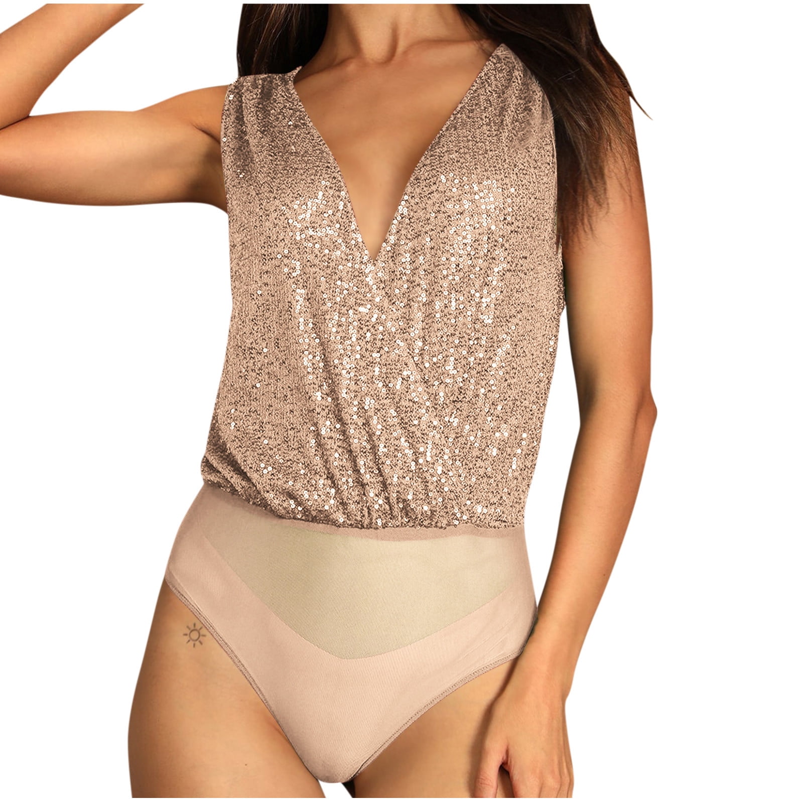 Penkiiy Sparkle Sequin Bodysuit For Women V-Neck Cowl Back