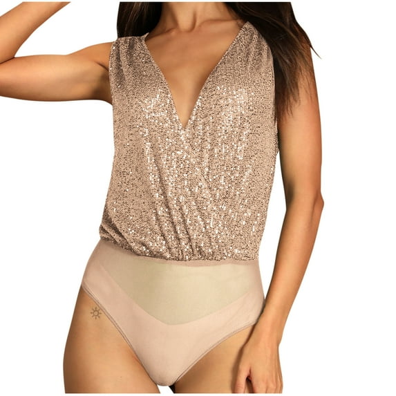 Penkiiy Sparkle Sequin Bodysuit For Women V-Neck Cowl Back Shiny Glitter One-piece Top Bodysuits with Sheer Mesh Thong Khaki Shapewear Tummy Control