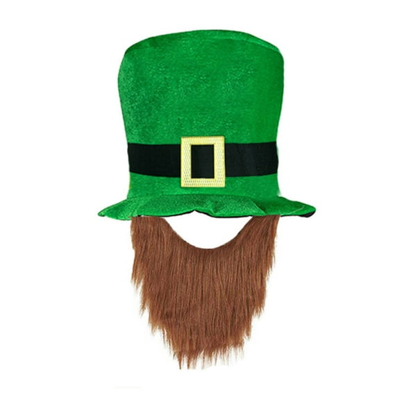 Penkiiy St. Patrick's Day Green Leprechaun Top Hat with Beard Irish Velvet Hat