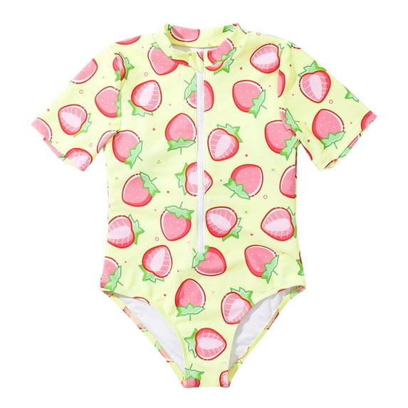 Penkiiy Strawberry Beach Bathing Suit Girls Short Sleeve Zipper Jumpsuit Swimsuit Kids Swimwear 11-12 Years Yellow