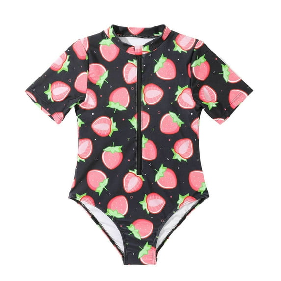 Penkiiy Strawberry Beach Bathing Suit Girls Short Sleeve Zipper Jumpsuit Swimsuit Kids Swimwear 8-9 Years Black