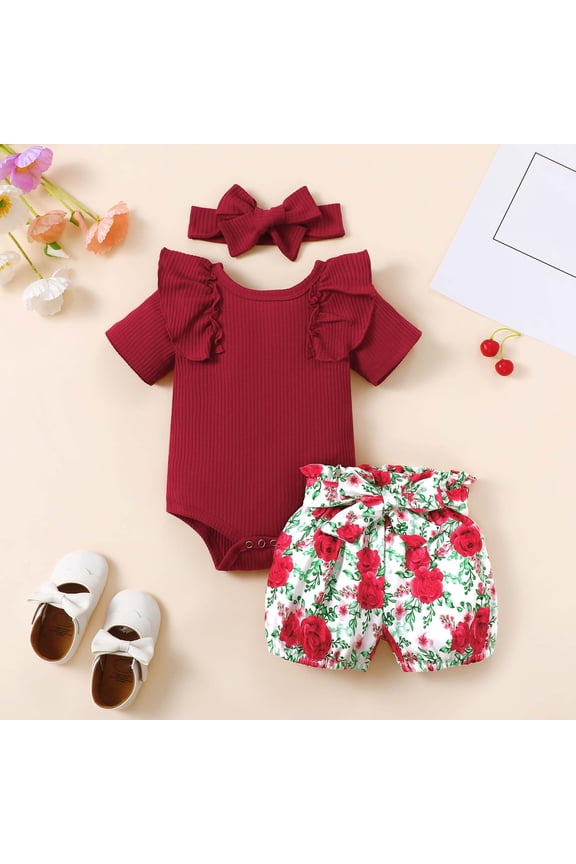 Striped Baby Girl Romper & Floral Shorts Set with Headband | Summer Outfit, Newborn Toddler Clothes, Boutique Style 12 Months Red