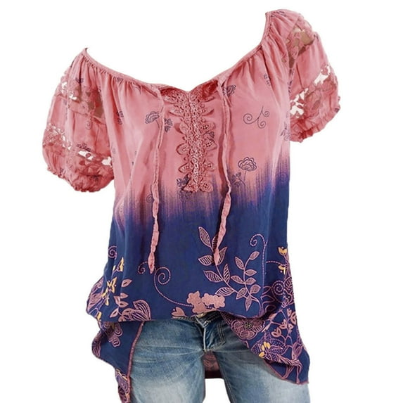 Penkiiy Summer Basic Tops for Womens, Women Tie-Dye Lace T-Shirts Short Sleeve Pullover Boat Neck Plus Size Dressy T-Shirts 5XL Watermelon Red