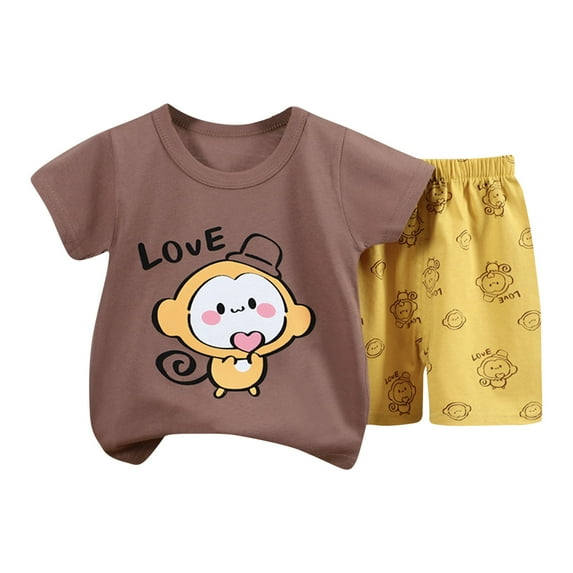 Penkiiy Baby Boy Summer Clothes Printed Short Sleeve T-Shirt Tee Tops + Causal Shorts Cute Toddler Vacation Outfit Coffee for 6-12 Months