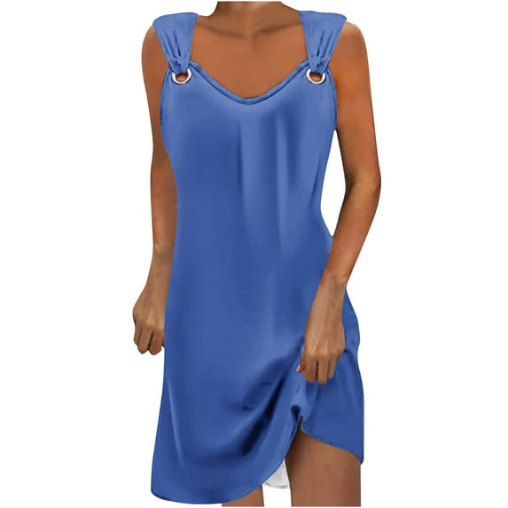 Penkiiy Summer Dresses for Women 2024 Casual Printed Loose Solid Color Round Neck Temperament Elegant Halter Dresses M Blue