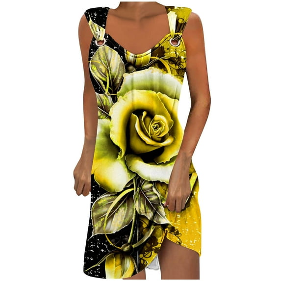 Penkiiy Summer Dresses for Women 2024 Casual Printed Loose Solid Color Round Neck Temperament Elegant Halter Dresses XL Yellow