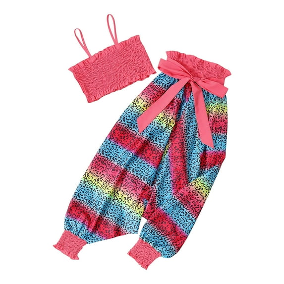 Penkiiy Summer Girls' Children's Clothing Color Leopard Sleeveless Suspender Top And Half Skirt Two-piece Set Toddler Girls Clothes 9-10 Years Pink 2023 Summer Deal