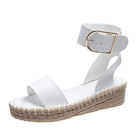 Penkiiy Summer Ladies Shoes Slope Heel Thick Soled Straw Woven Metal Buckle Women's Sandals
