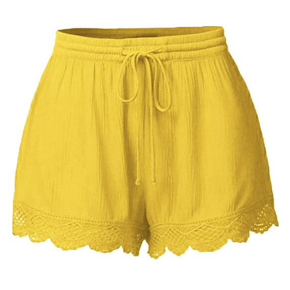 Penkiiy Summer Shorts for Women 2024 Trendy Causal Loose Pleated High Waisted Shorts Beach Lace Lounge Short Pants Plus Size S Yellow